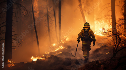 firefighter amidst a forest fire, wielding a hose to combat the flames. The vastness of the wildfire contrasts with the firefighter's determination