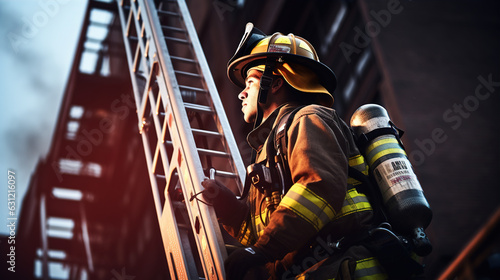 a firefighter is seen confidently ascending a tall ladder to reach a high-rise building. Their focus is unwavering as they prepare to tackle the fire from an elevated position