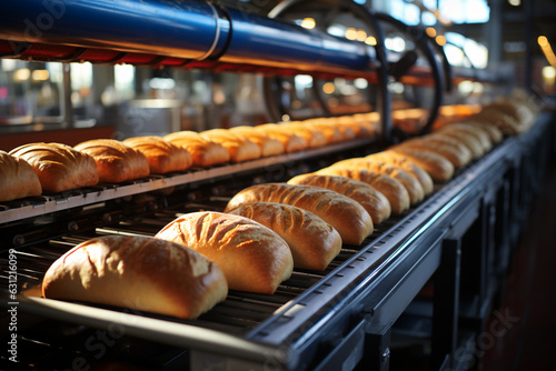 close up of sweet buns on conveyer on bakery factory