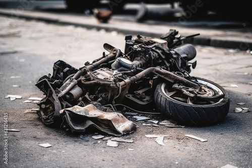 Fragments of a broken motorcycle. Generative AI. photo