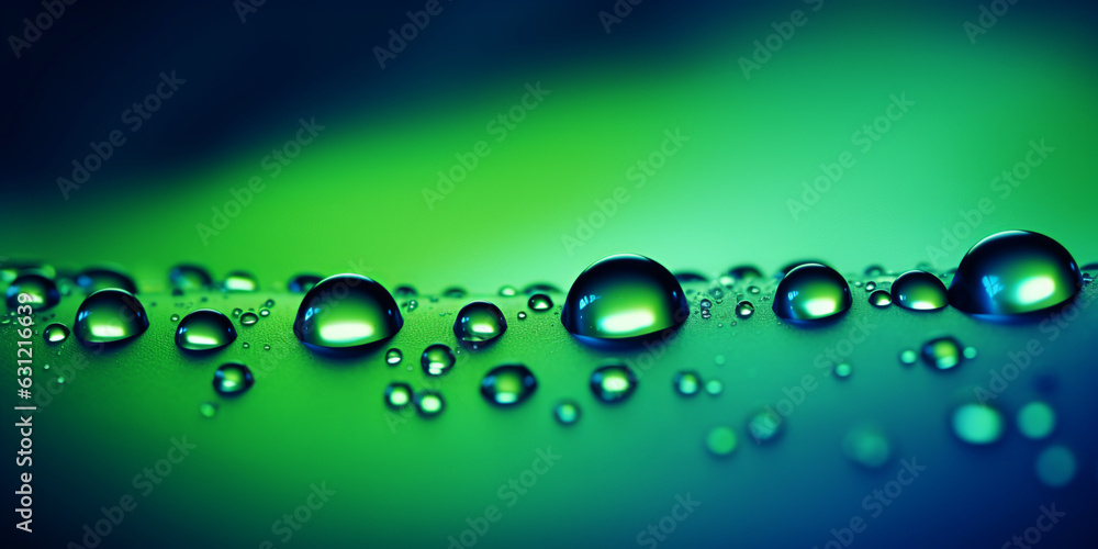 Green drops on blue background. Generative AI.