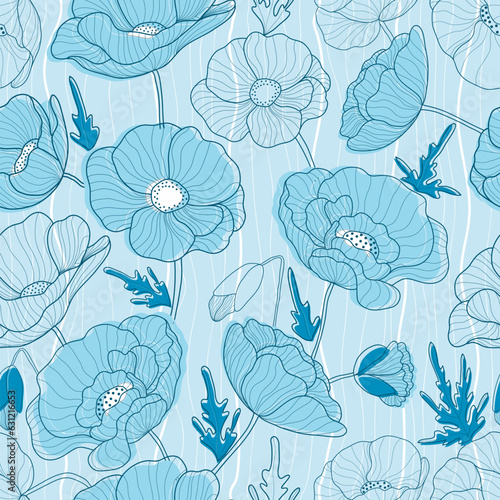 Poppies seamless pattern. Poppies on striped background in denim Dreams colors. Floral print for textile  wallpapers  fabric and wrapping paper. Vector illustration