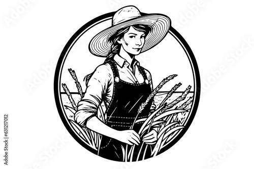 A woman farmer harvesting in the field in engraving style. Drawing ink sketch vector illustration.
