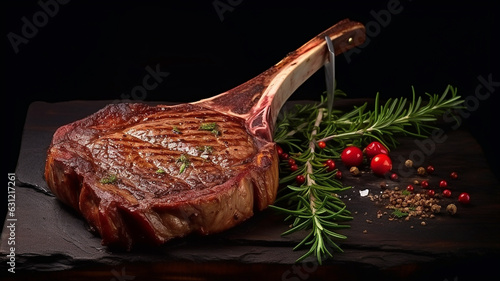 Photo Juicy grilled veal steak. On a dark background. Meat and spices.
