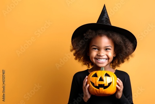 Cute little witch and halloween pumpkin on orange background. Halloween party. Copy Space.