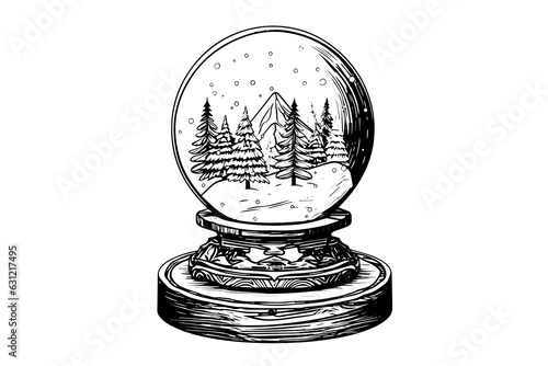 Merry Christmas gift snow globe Snowflake tree  inside. Vector engraving ink sketch illustration.
