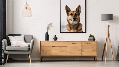 Modern stylish living room scandi style. Comfortable gray armchair, commode, floor lamp, home decor. Big poster with a cute dog image on the wall. Mockup, 3D rendering.
