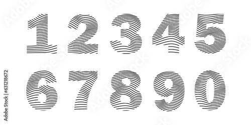 A set of vector numbers from 0 to 9 for graphic design. Number icons decorated with lines. Minimalistic striped numbers.