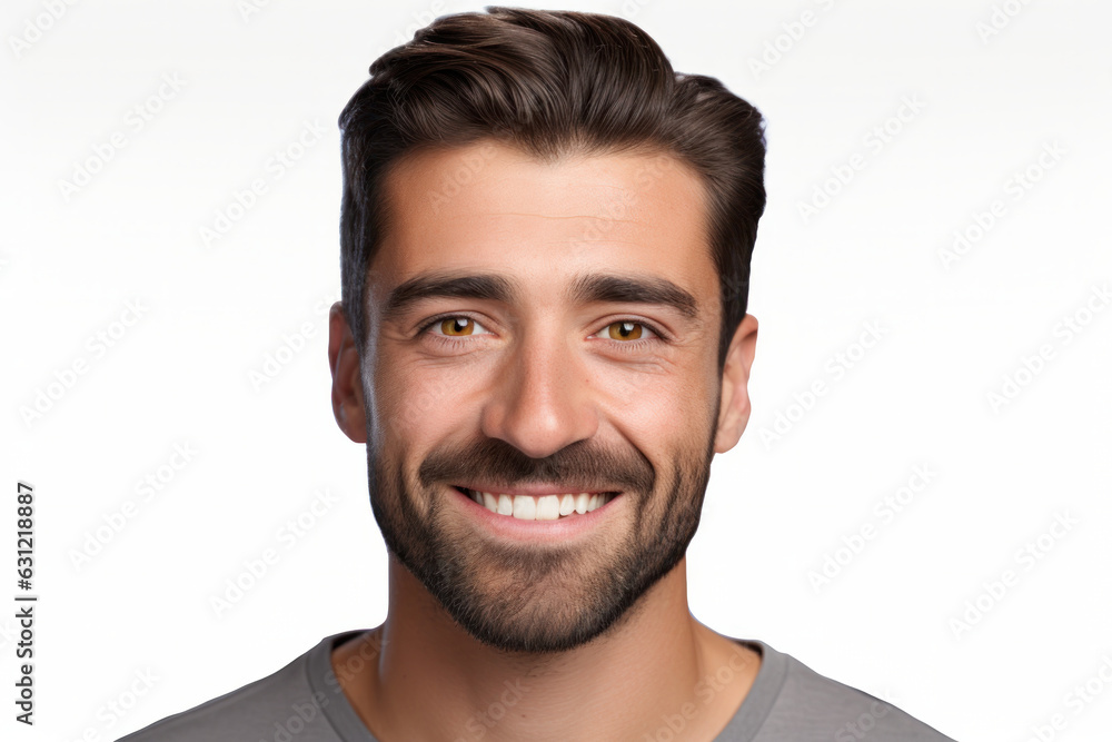 Closeup portrait European man in his 30s with bristle, smiling at the camera, isolated on white background. Closeup portrait European man in his 30s with bristle, smiling at the camera, isolated on white background.