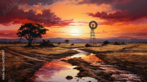 There is a painting of a windmill with sunset, stream. (Generative AI)