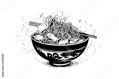 Ramen Noodle Japanese Food Vector Engraving style Illustration. Ink sketch Logo or Menu Concept.