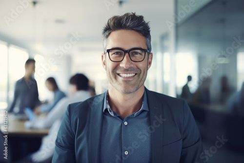 Happy millennial business owner in office, wearing glasses, smiling at camera. Diverse team working in background. Leadership concept.