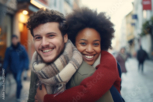 Young man giving piggyback ride to African woman. Happy couple in sweaters and scarves looking at camera. Winter fun in the street. photo