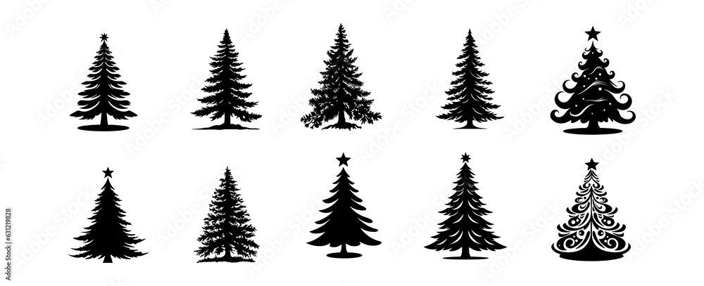 Fototapeta premium Set of Christmas pine tree silhouette isolated on white background. Forest tree vector illustration