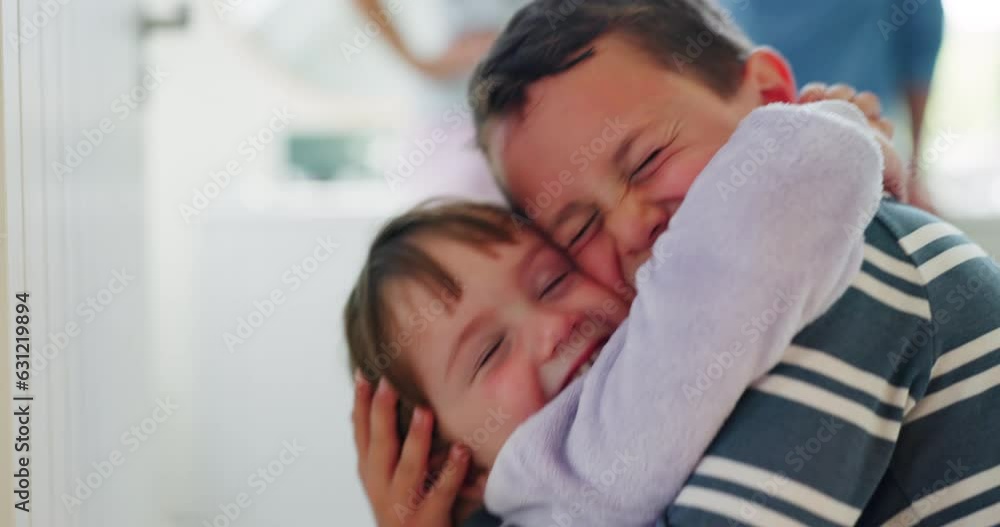 Kids hug, love and family with siblings at home, trust and support with care and happiness together. Young boy, girl and youth with brother and sister embrace, friends and positive relationship Kids hug, love and family with siblings at home, trust and support with care and happiness together. Young boy, girl and youth with brother and sister embrace, friends and positive relationship