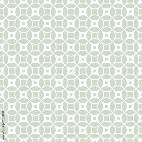Vector geometric seamless pattern with rounded grid, net, mesh, lattice, circles, squares, curved lines. Simple abstract sage green background. Delicate minimal ornament texture. Repeat geo design