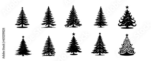 Set of Christmas pine tree silhouette isolated on white background. Forest tree vector illustration