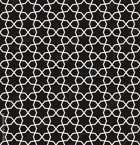 Vector abstract geometric seamless pattern in traditional Islamic style. Black and white ornament with thin lines  oriental mosaic  floral grid. Elegant ornamental background. Dark repeated geo design