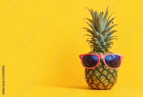 pineapple looking up with sunglasses on yellow background, summer vacation beach idea design pattern, copy space close up stock photo.