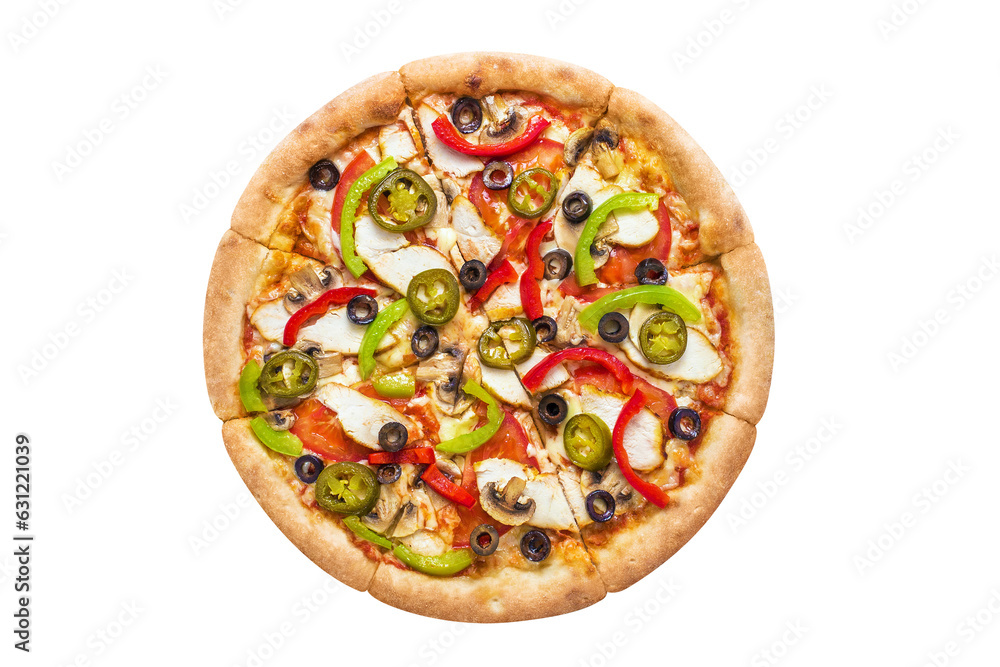 Delicious pizza with chicken fillet, champignon mushrooms, tomatoes, peppers, jalapeno and mozzarella, cut out Delicious pizza with chicken fillet, champignon mushrooms, tomatoes, peppers, jalapeno and mozzarella, cut out