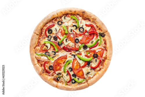Foto Delicious vegetarian pizza with champignon mushrooms, tomatoes, mozzarella, pepp