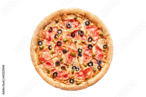 Delicious pizza with ham, champignon mushrooms, capers and olives, cut out