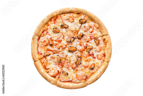 Delicious pizza with seafood (shrimps and oysters), cut out