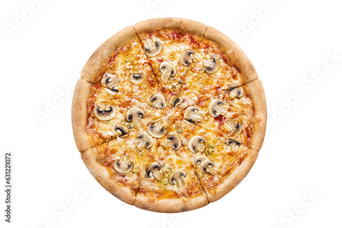 Delicious pizza with mushrooms, mozzarella and tomato sauce, cut out