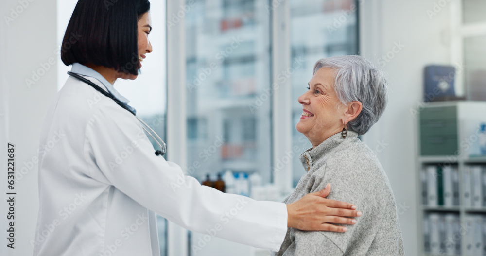 Senior support, talking and woman with a doctor for healthcare advice, consultation and results. Smile, hospital and an elderly patient with a clinic worker and care for a surgery discussion Senior support, talking and woman with a doctor for healthcare advice, consultation and results. Smile, hospital and an elderly patient with a clinic worker and care for a surgery discussion