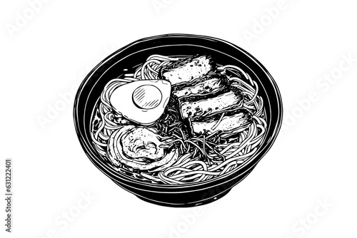 Ramen Noodle Japanese Food Vector Engraving style Illustration. Ink sketch Logo or Menu Concept.