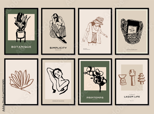 Vector poster collection with botanical illustrations, woman silhouettes. Art for for postcards, wall art, banner, background.	