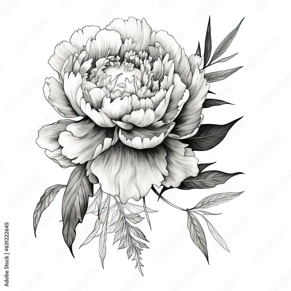 Black and white peony flower drawing illustration with line art