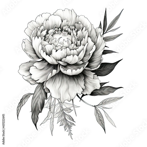 Black and white peony flower drawing illustration with line art on white backgrounds. Generative AI