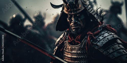 A samurai with a katana stands ready to fight against a huge army