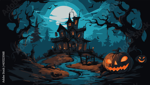 Vector haunted house over the moon and pumpkins, in the style of 2d game art.