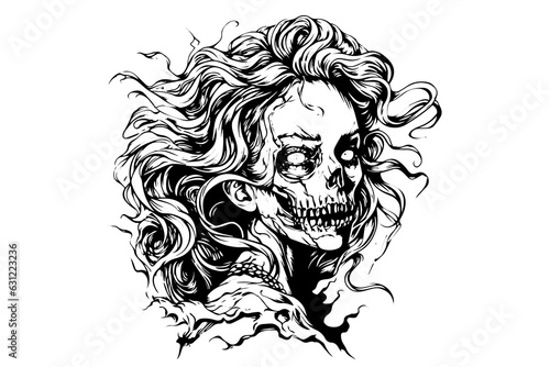 Zombie head or face ink sketch. Walking dead hand drawing vector illustration.