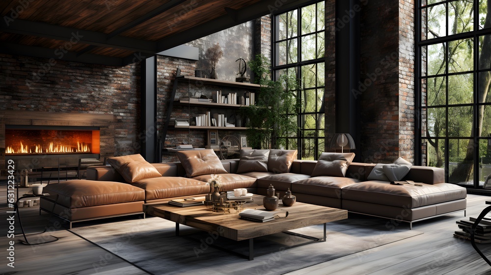 Lofty Ambience: Ultra Realistic 3D Render of Industrial-Inspired Living Room. Generated by AI. Lofty Ambience: Ultra Realistic 3D Render of Industrial-Inspired Living Room. Generated by AI.