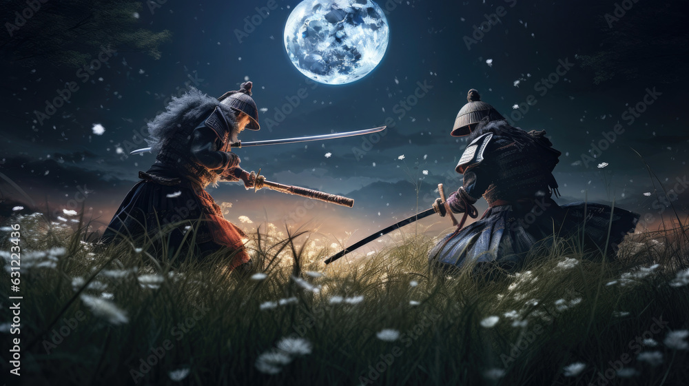 The battle of two samurai in a meadow under the moonlight.