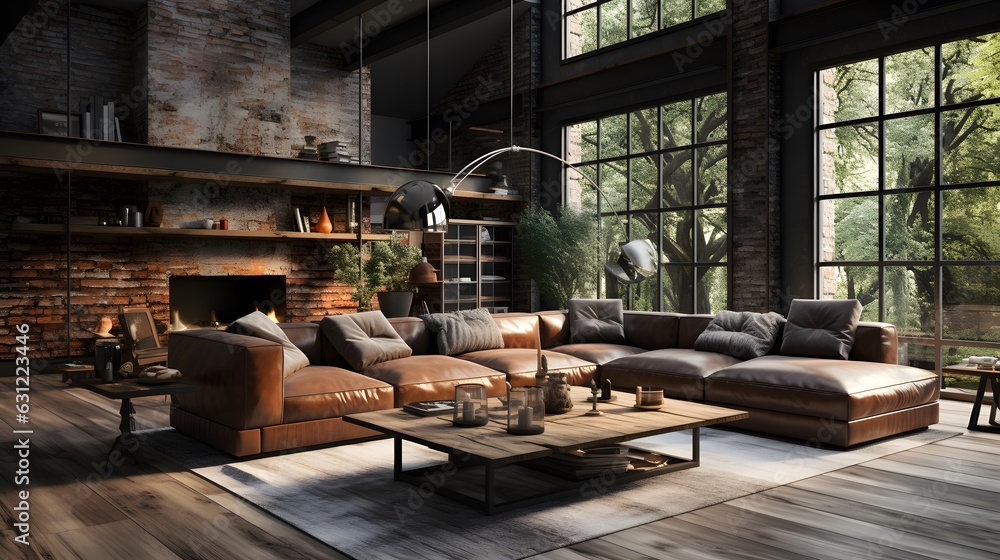Modern Warehouse Vibes: Ultra Realistic 3D Render of Industrial Loft Living Room. Generated by AI.