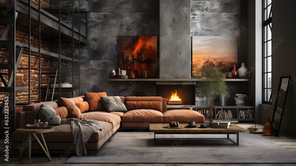 Industrial Chic: Immersive 3D Render of Ultra Realistic Loft Living Room. Generated by AI.