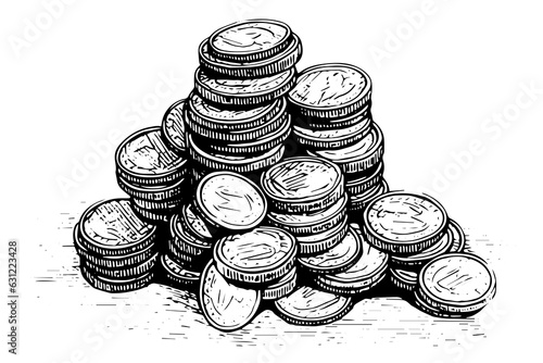 Stack of coins money in engraving style. Hand drawn ink sketch. Vector illustration.