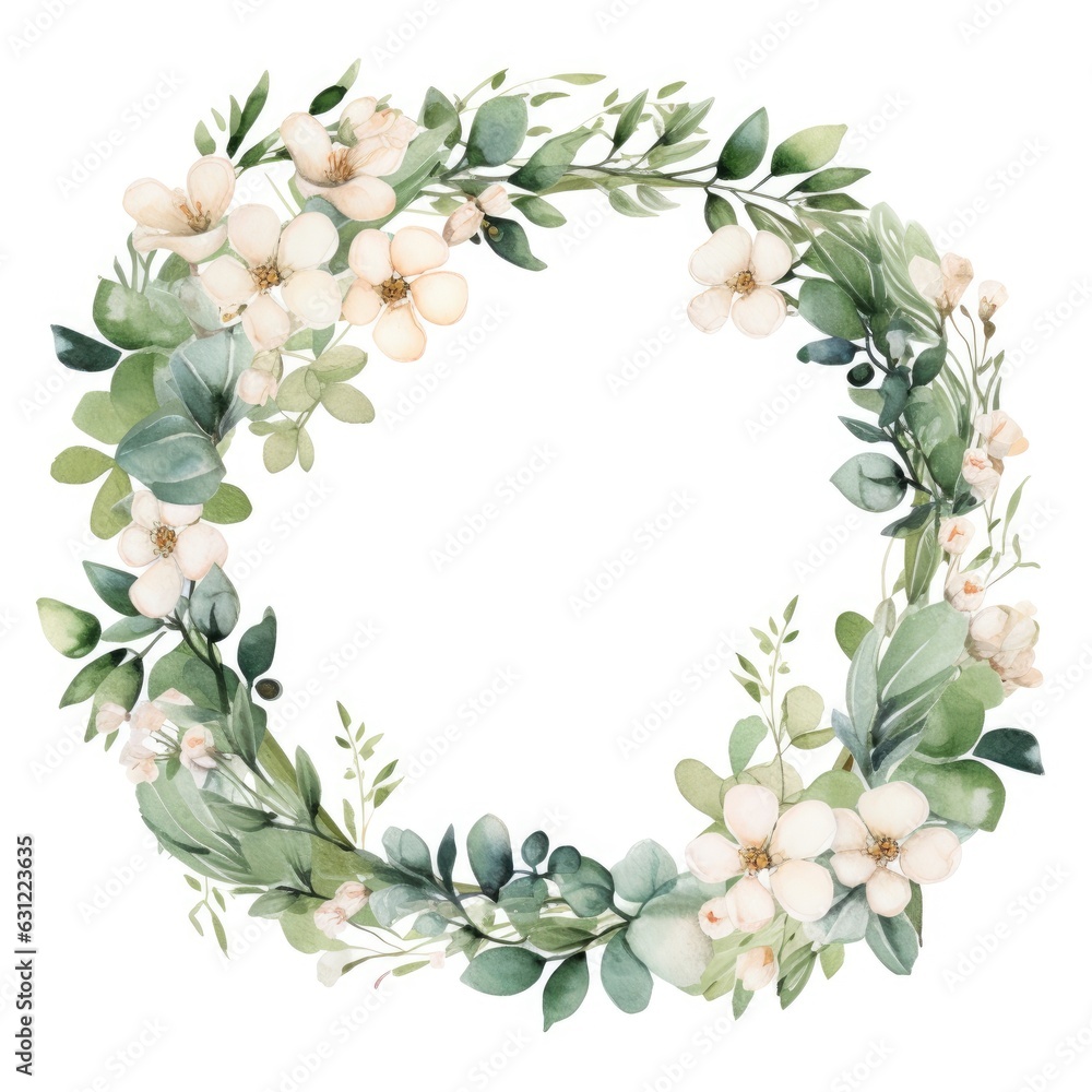 Fototapeta premium Wedding floral composition, watercolor eucalyptus greenery arrangement isolated on white illustration. Generative AI