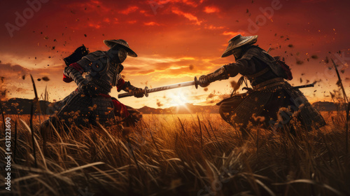 The battle of two samurai in a meadow under the sunset