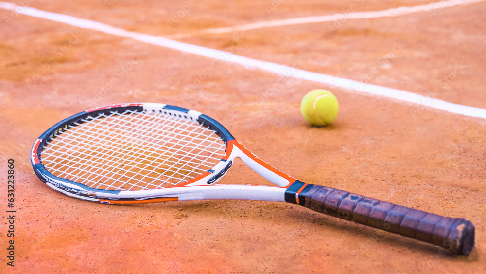 tennis racket lying next to a ball on a court