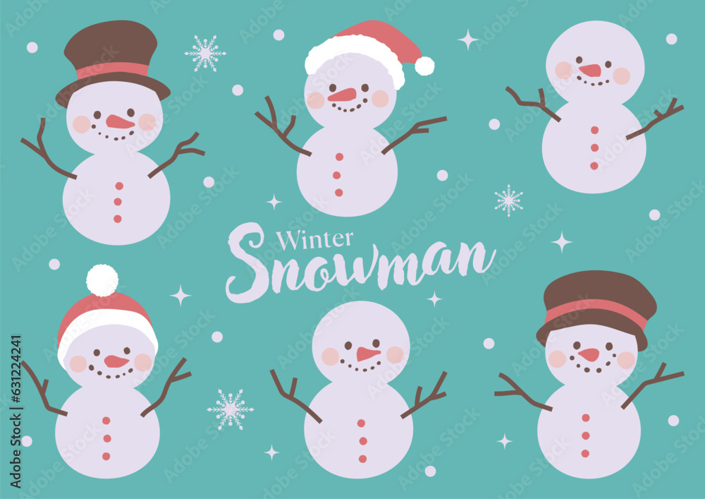 Illustration set of handwritten style snowman. Vector material. Winter pastel colors.