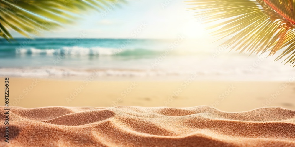 Beautiful background for summer vacation and travel. Golden sand of tropical beach, blurry palm leaves and sea on sunny day