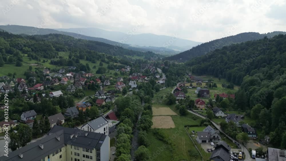 Drone view over a residential neighborhood located in the mountains Drone view over a residential neighborhood located in the mountains