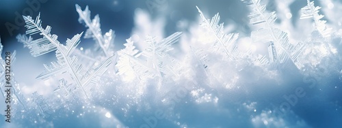 Beautiful crystals of hoarfrost close-up macro on a natural atmospheric blue background. Winter snow background