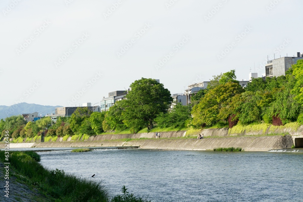Scenic view of lush green trees along a tranquil river with people enjoying the beautiful landscape