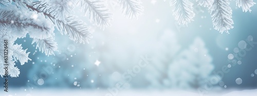 Beautiful winter background image of frosted spruce branches and small drifts of pure snow with bokeh Christmas lights and space for text © Eli Berr